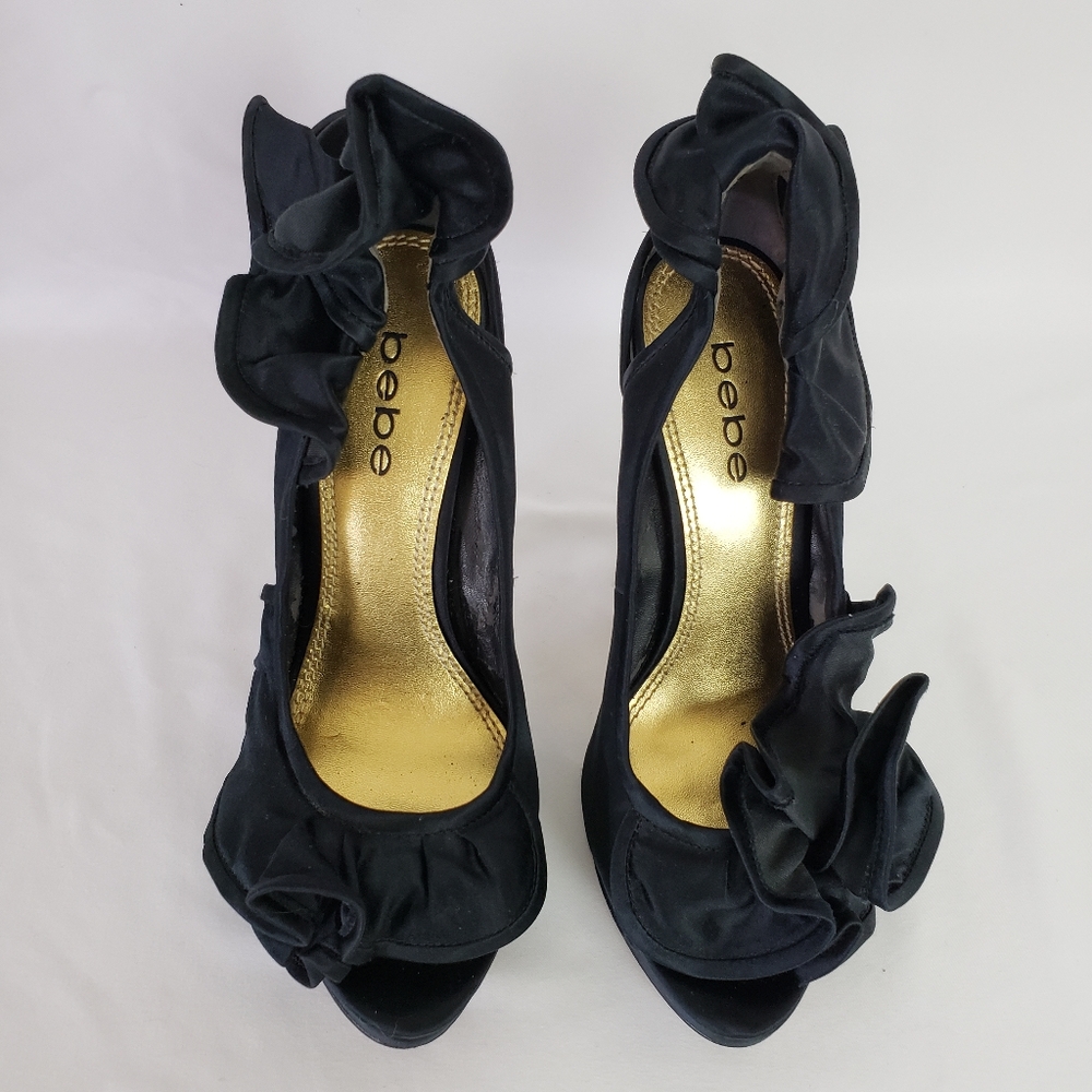 bebe Satin Ruffle Open Toe Platform Heels - Picture 2 of 8